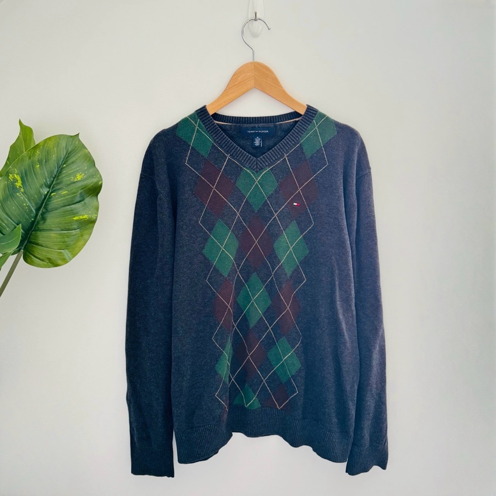 TOMMY HILFIGER | Argyle Sweater Men’s XL Grey, Green & Brown